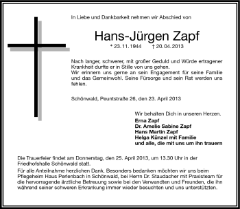 Traueranzeige von Hans-Jürgen Zapf von Frankenpost