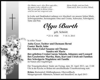 Traueranzeige von Olga Barth von Südthüringer Presse
