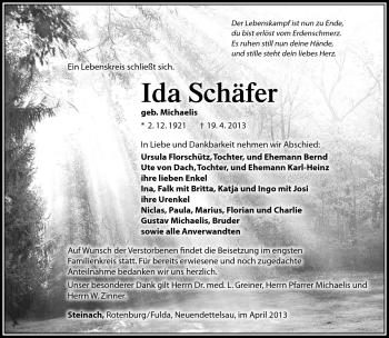 Traueranzeige von Ida Schäfer von Südthüringer Presse