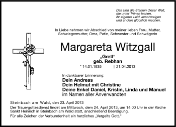 Traueranzeige von Margareta Witzgall von Neue Presse Coburg