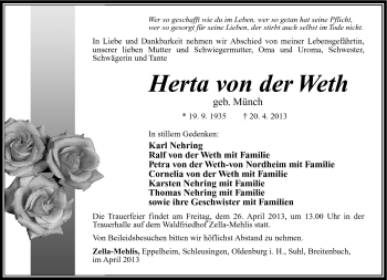 Traueranzeige von Herta von der Weth von Südthüringer Presse