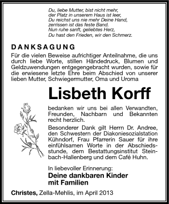 Traueranzeige von Lisbeth Korff von Südthüringer Presse