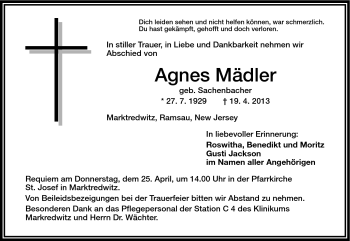 Traueranzeige von Agnes Wächter von Frankenpost