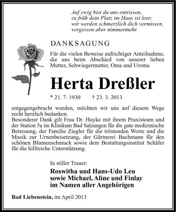 Traueranzeige von Herta Dreßler von Südthüringer Presse