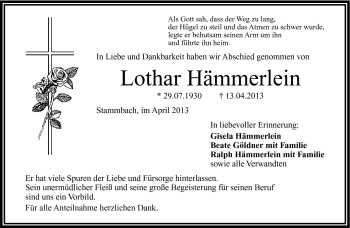 Traueranzeige von Lothar Hämmerlein von Frankenpost