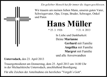 Traueranzeige von Hans Müller von Neue Presse Coburg
