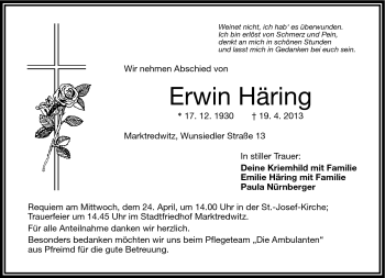 Traueranzeige von Erwin Häring von Frankenpost