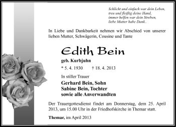 Traueranzeige von Edith Bein von Südthüringer Presse