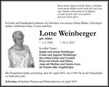 Traueranzeige von Lotte Weinberger von Südthüringer Presse