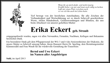 Traueranzeige von Erika Eckert von Südthüringer Presse
