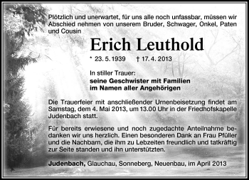 Traueranzeige von Erich Leuthold von Südthüringer Presse