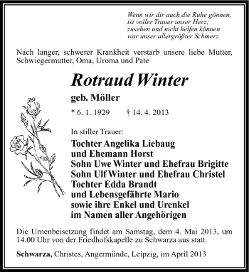 Traueranzeige von Rotraud Winter von Südthüringer Presse