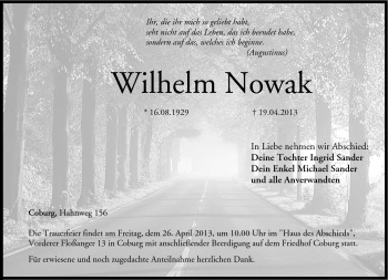 Traueranzeige von Wilhelm Nowak von Neue Presse Coburg