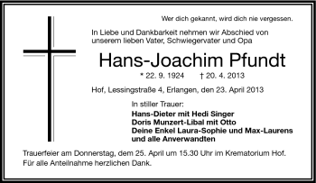 Traueranzeige von Hans-Joachim Pfundt von Frankenpost