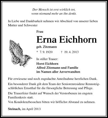 Traueranzeige von Erna Eichhorn von Südthüringer Presse