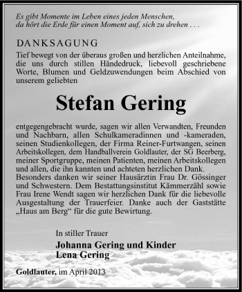 Traueranzeige von Stefan Gering von Südthüringer Presse