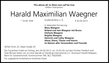 Traueranzeige von Harald Maximilian Waegner von Neue Presse Coburg