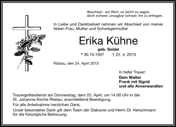 Traueranzeige von Erika Kühne von Frankenpost