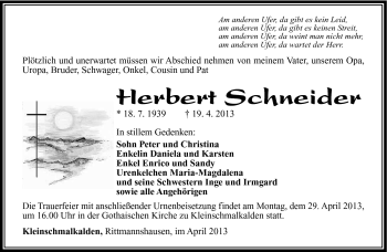 Traueranzeige von Herbert Schneider von Südthüringer Presse