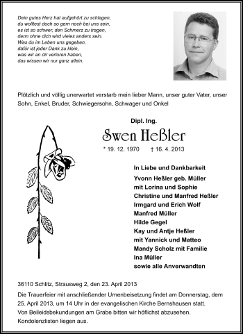 Traueranzeige von Swen Heßler von Südthüringer Presse