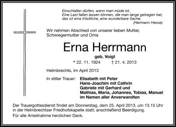 Traueranzeige von Erna Herrmann von Frankenpost