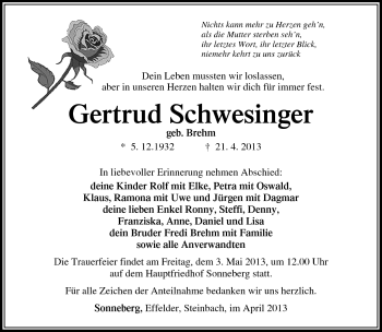 Traueranzeige von Gertrud Schwesinger von Südthüringer Presse
