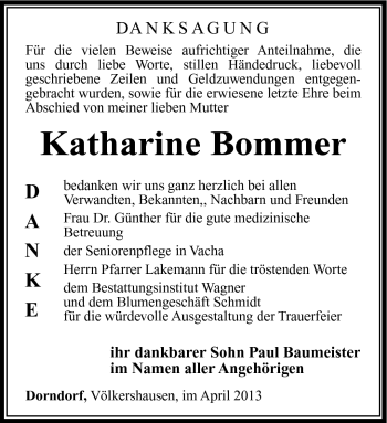 Traueranzeige von Katharine Bommer von Südthüringer Presse
