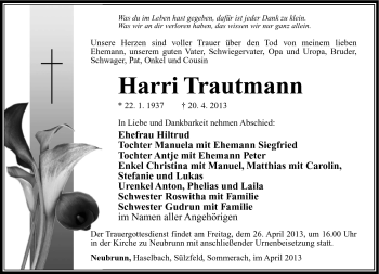 Traueranzeige von Harri Trautmann von Südthüringer Presse
