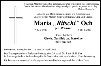Traueranzeige von Maria Ritschi Och von Neue Presse Coburg