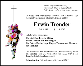Traueranzeige von Erwin Trender von Südthüringer Presse