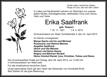 Traueranzeige von Erika Saalfrank von Frankenpost