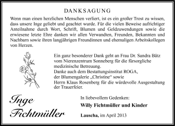 Traueranzeige von Inge Fichtmüller von Südthüringer Presse