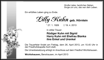 Traueranzeige von Lilly Kuhn von Südthüringer Presse