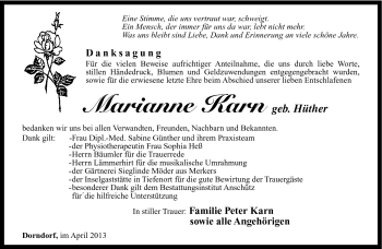 Traueranzeige von Marianne Karn von Südthüringer Presse