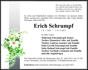 Traueranzeige von Erich Schrumpf von Südthüringer Presse