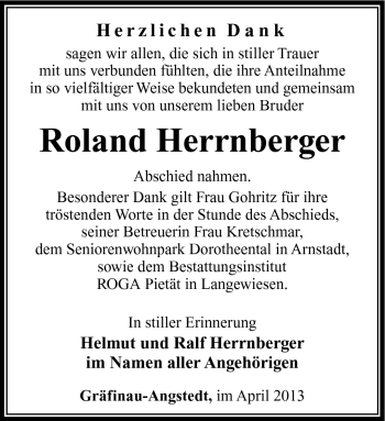 Traueranzeige von Roland Herrnberger von Südthüringer Presse