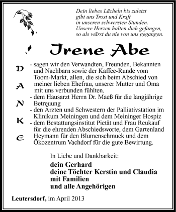 Traueranzeige von Irene Abe von Südthüringer Presse