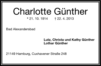 Traueranzeige von Charlotte Günther von Frankenpost