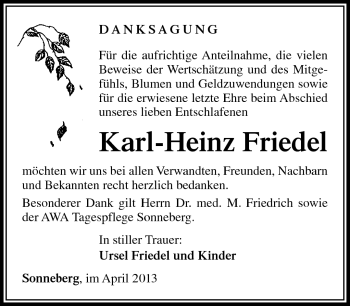 Traueranzeige von Karl-Heinz Friedel von Südthüringer Presse