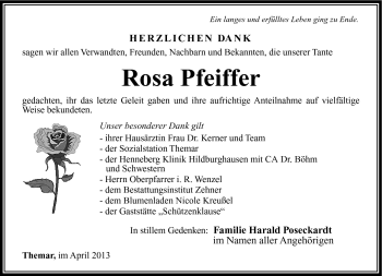 Traueranzeige von Rosa Pfeiffer von Südthüringer Presse