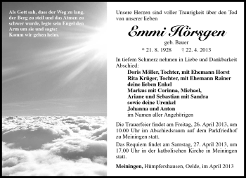 Traueranzeige von Emmi Hörsgen von Südthüringer Presse