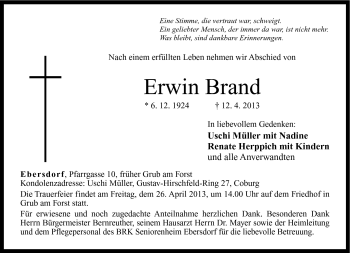 Traueranzeige von Erwin Brand von Neue Presse Coburg