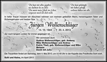Traueranzeige von Jürgen Wollenschläger von Südthüringer Presse