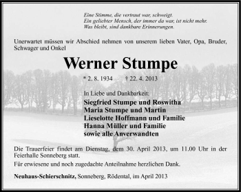 Traueranzeige von Werner Stumpe von Südthüringer Presse
