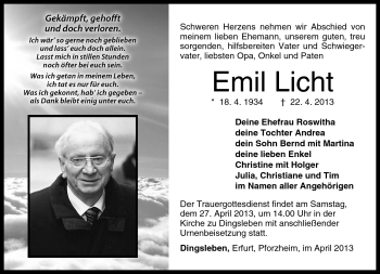 Traueranzeige von Emil Licht von Südthüringer Presse