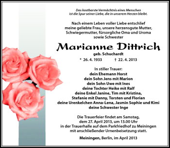 Traueranzeige von Marianne Dittrich von Südthüringer Presse
