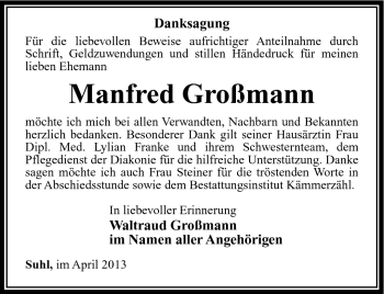 Traueranzeige von Manfred Großmann von Südthüringer Presse