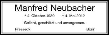 Traueranzeige von Manfred Neubacher von Frankenpost