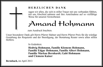 Traueranzeige von Amand Hohmann von Südthüringer Presse