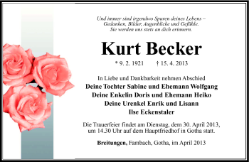 Traueranzeige von Kurt Becker von Südthüringer Presse